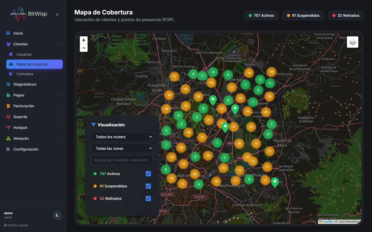 Mapa de cobertura con clientes agrupados por zona.